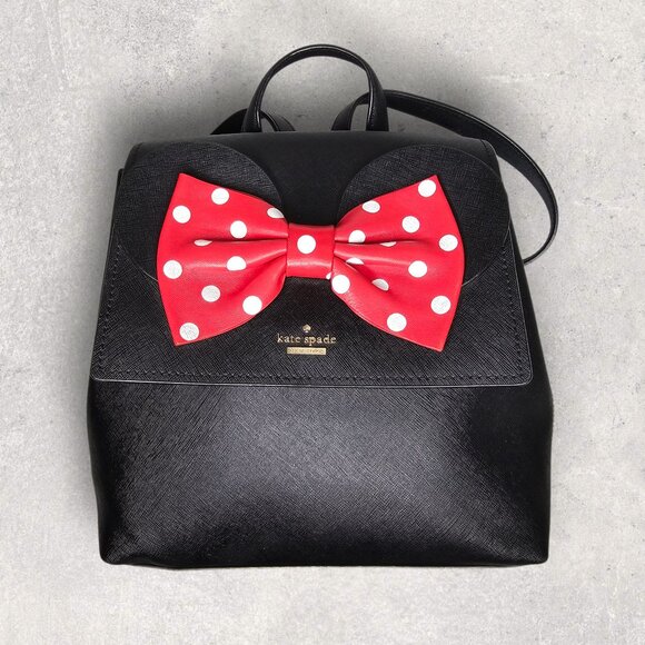 Kate Spade x Minnie Mouse Neema Backpack Black Leather Bag Red Polka Dot Bow - Picture 1 of 16
